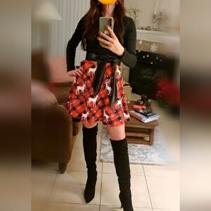 SHEIN Red Plaid Skirt with Reindeer Design